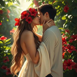 A sensual scene depicting a young woman with hibiscus flower hair accessories, passionately kissing another person in a lush tropical setting