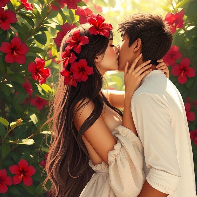 A sensual scene depicting a young woman with hibiscus flower hair accessories, passionately kissing another person in a lush tropical setting