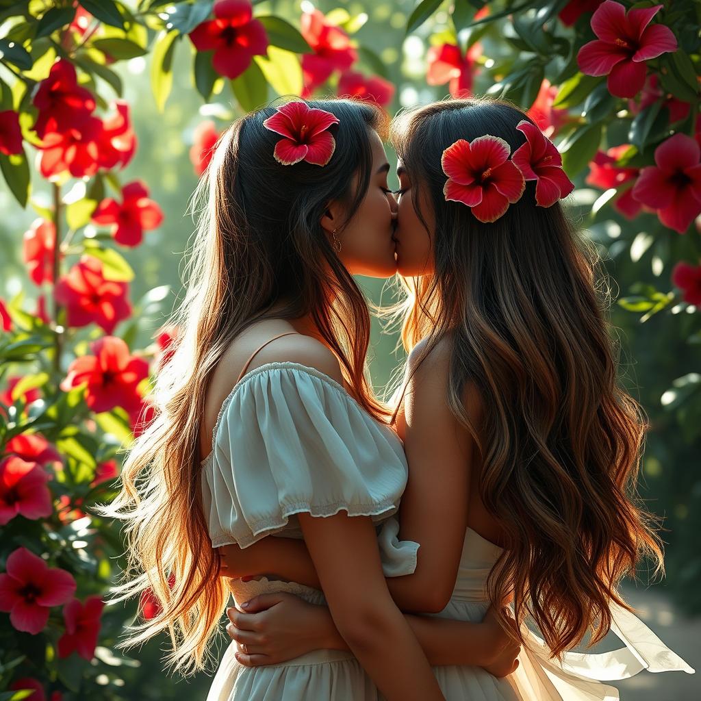 A sensual scene depicting a young woman with hibiscus flower hair accessories, passionately kissing another person in a lush tropical setting