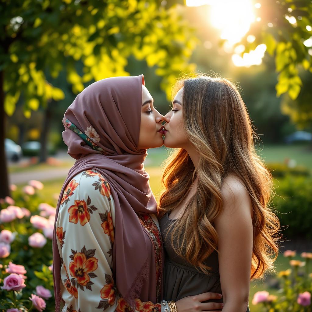 A tender and intimate moment between a hijabi woman and a white woman sharing a kiss in a beautiful park
