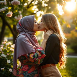 A tender and intimate moment between a hijabi woman and a white woman sharing a kiss in a beautiful park