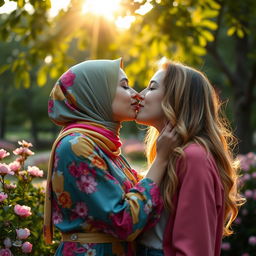 A tender and intimate moment between a hijabi woman and a white woman sharing a kiss in a beautiful park