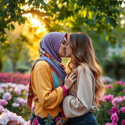 A tender and intimate moment between a hijabi woman and a white woman sharing a kiss in a beautiful park