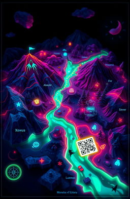 A vibrant and intricate treasure map designed for the digital age, featuring a blend of classic cartographic elements and futuristic technology