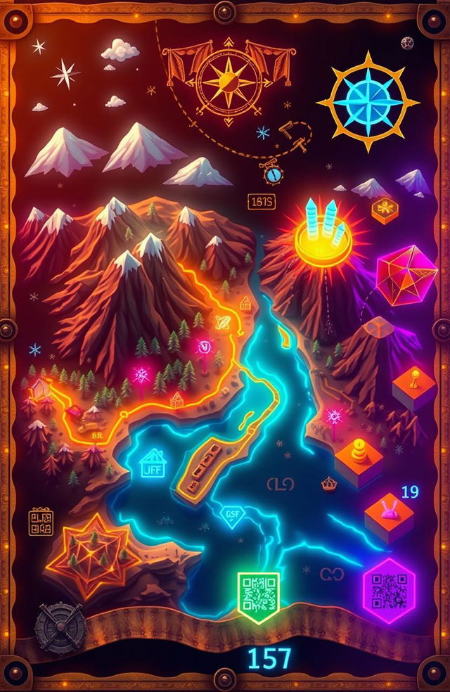 A vibrant and intricate treasure map designed for the digital age, featuring a blend of classic cartographic elements and futuristic technology