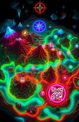 A vibrant and intricate treasure map designed for the digital age, featuring a blend of classic cartographic elements and futuristic technology
