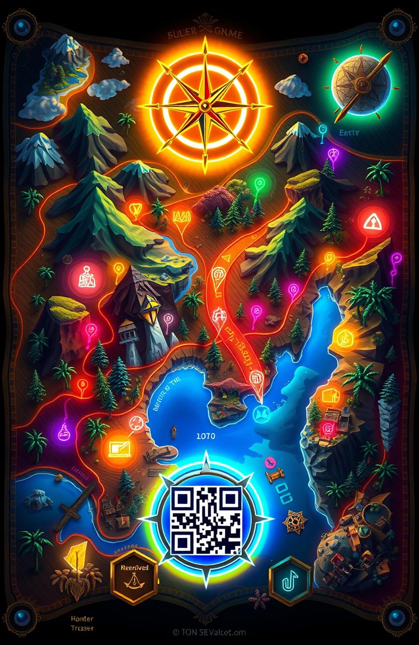 A vibrant and intricate treasure map designed for the digital age, featuring a blend of classic cartographic elements and futuristic technology