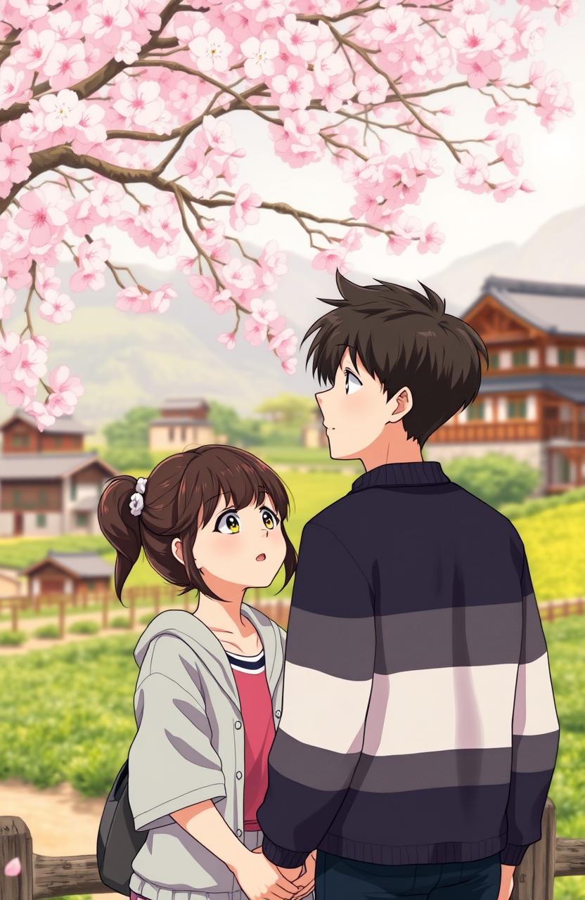 An illustration in anime style depicting a scene of a young American girl and a young Korean boy, both looking at each other with love