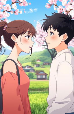 An illustration in anime style depicting a scene of a young American girl and a young Korean boy, both looking at each other with love