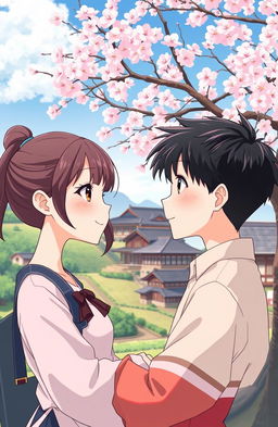 An illustration in anime style depicting a scene of a young American girl and a young Korean boy, both looking at each other with love