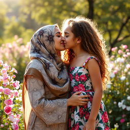 An intimate moment between a hijabi woman and a girl from Israel sharing a soft kiss in a picturesque outdoor setting