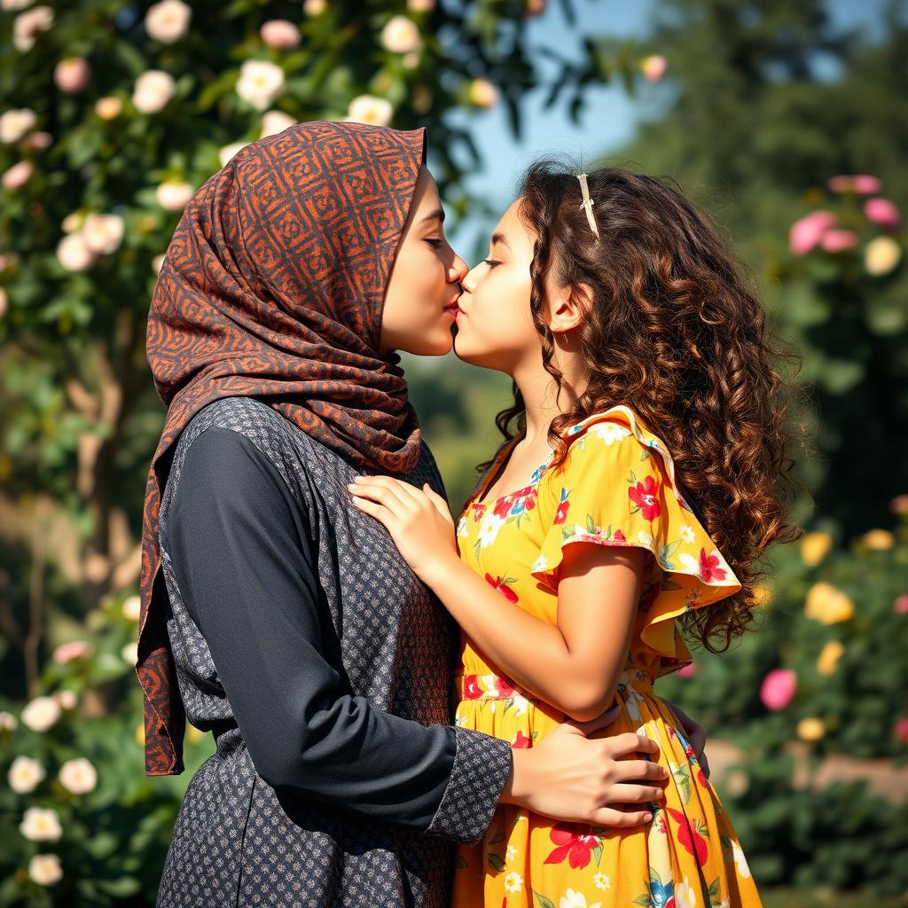 An intimate moment between a hijabi woman and a girl from Israel sharing a soft kiss in a picturesque outdoor setting