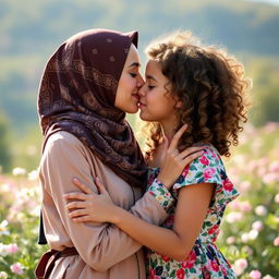 An intimate moment between a hijabi woman and a girl from Israel sharing a soft kiss in a picturesque outdoor setting