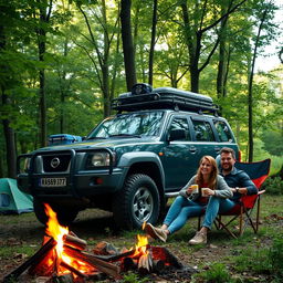 A green forest scene featuring a Nissan Patrol 4x4 parked among lush trees