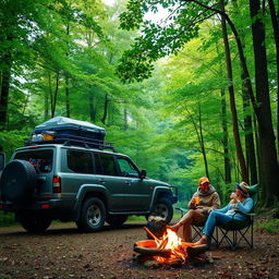A green forest scene featuring a Nissan Patrol 4x4 parked among lush trees