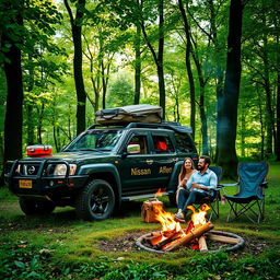A green forest scene featuring a Nissan Patrol 4x4 parked among lush trees