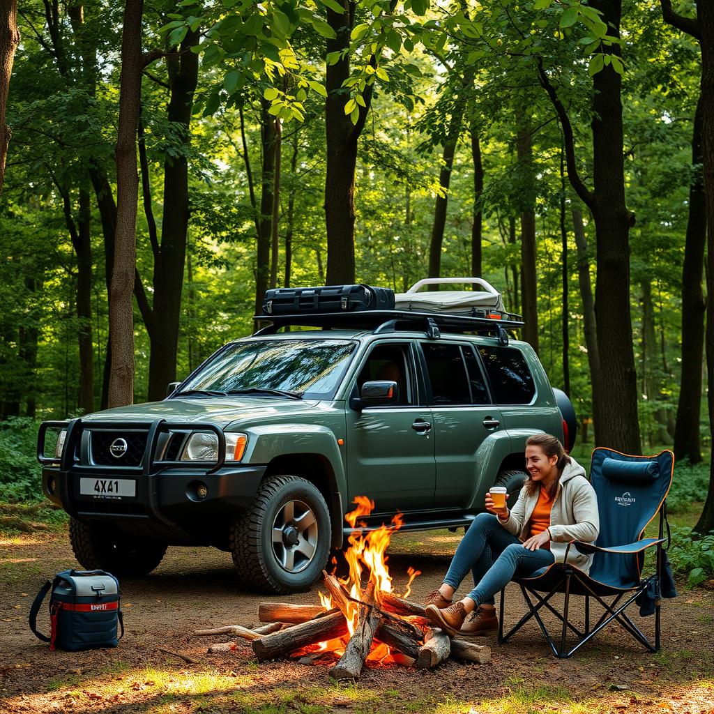 A green forest scene featuring a Nissan Patrol 4x4 parked among lush trees