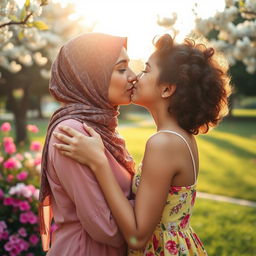 An intimate moment captured between a hijabi woman and an Israeli girl sharing a gentle kiss, set against a picturesque backdrop of a sunlit park