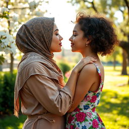 An intimate moment captured between a hijabi woman and an Israeli girl sharing a gentle kiss, set against a picturesque backdrop of a sunlit park