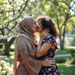 An intimate moment captured between a hijabi woman and an Israeli girl sharing a gentle kiss, set against a picturesque backdrop of a sunlit park