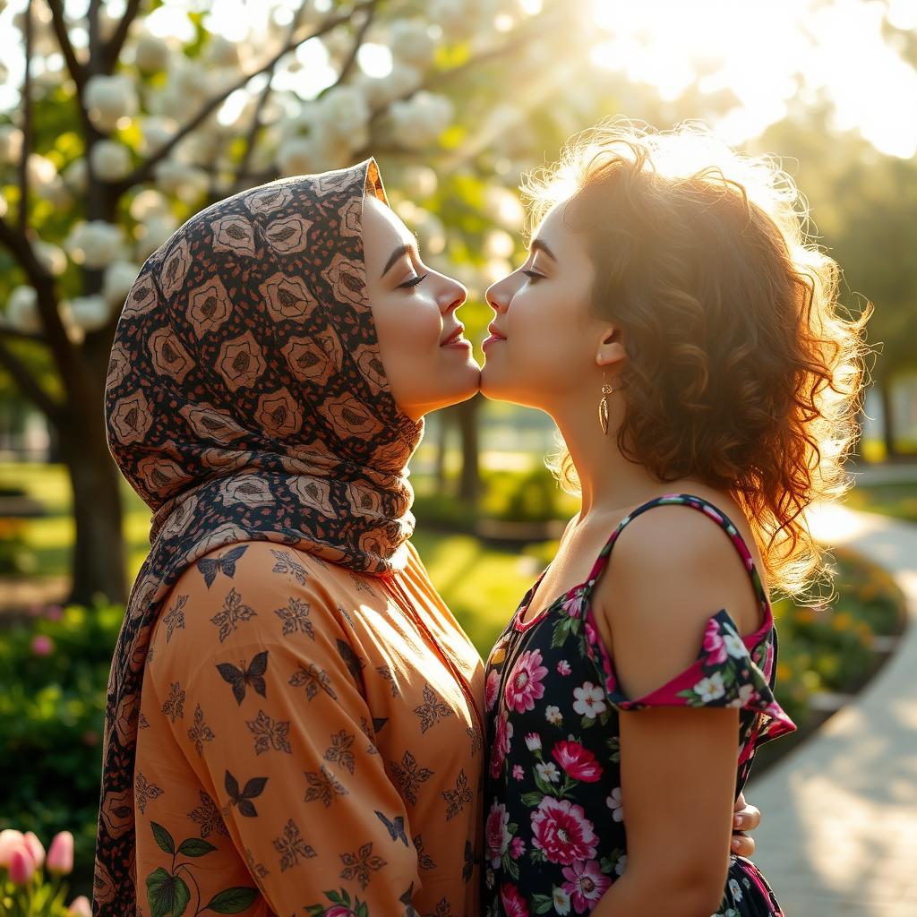 An intimate moment captured between a hijabi woman and an Israeli girl sharing a gentle kiss, set against a picturesque backdrop of a sunlit park