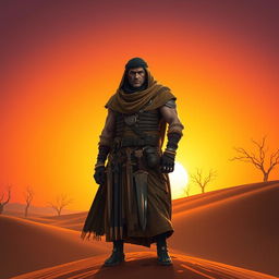 A fierce desert warlord standing confidently on a sand dune, wearing a richly adorned garment that combines traditional desert attire with tactical gear, featuring a flowing cloak and intricate jewelry
