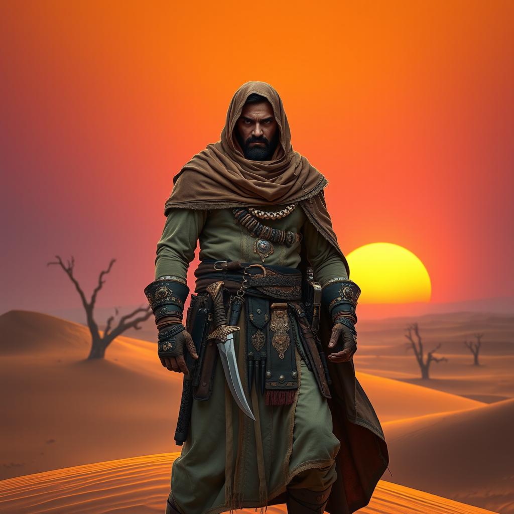 A fierce desert warlord standing confidently on a sand dune, wearing a richly adorned garment that combines traditional desert attire with tactical gear, featuring a flowing cloak and intricate jewelry