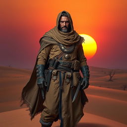 A fierce desert warlord standing confidently on a sand dune, wearing a richly adorned garment that combines traditional desert attire with tactical gear, featuring a flowing cloak and intricate jewelry
