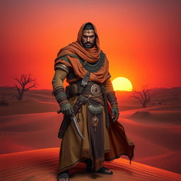 A fierce desert warlord standing confidently on a sand dune, wearing a richly adorned garment that combines traditional desert attire with tactical gear, featuring a flowing cloak and intricate jewelry