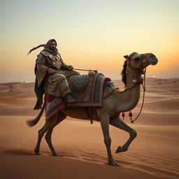 A powerful desert warlord riding a majestic camel across the vast sandy landscape
