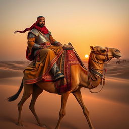 A powerful desert warlord riding a majestic camel across the vast sandy landscape