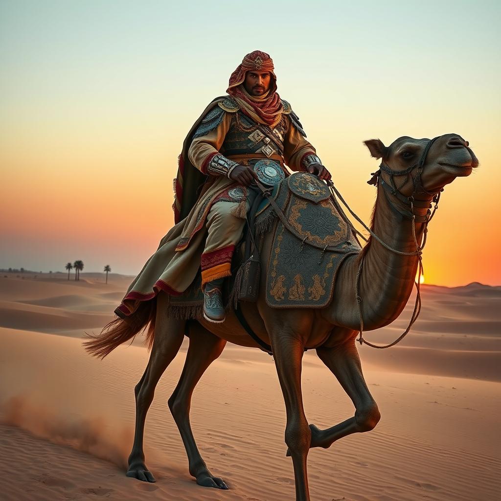 A powerful desert warlord riding a majestic camel across the vast sandy landscape