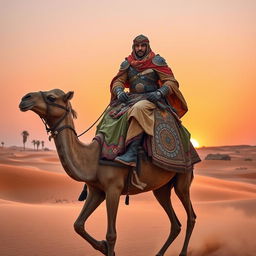 A powerful desert warlord riding a majestic camel across the vast sandy landscape