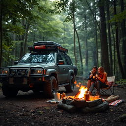 A Nissan Patrol off-road vehicle equipped with camping gear, parked in a dense forest