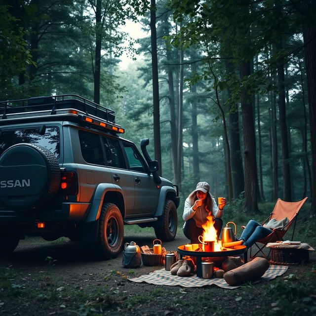 A Nissan Patrol off-road vehicle equipped with camping gear, parked in a dense forest