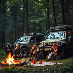 A Nissan Patrol off-road vehicle equipped with camping gear, parked in a dense forest