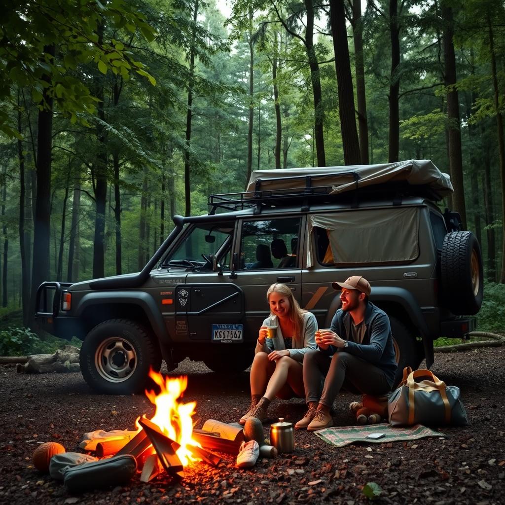 A Nissan Patrol off-road vehicle equipped with camping gear, parked in a dense forest