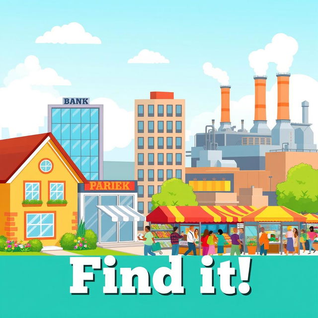 A vibrant city scene featuring a cozy house, a bank with a modern design, a business building, a bustling factory with smoke coming out of chimneys, and a lively market filled with colorful stalls and people shopping