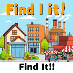 A vibrant city scene featuring a cozy house, a bank with a modern design, a business building, a bustling factory with smoke coming out of chimneys, and a lively market filled with colorful stalls and people shopping