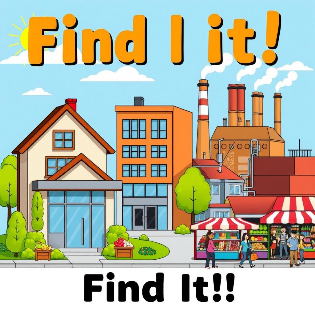 A vibrant city scene featuring a cozy house, a bank with a modern design, a business building, a bustling factory with smoke coming out of chimneys, and a lively market filled with colorful stalls and people shopping