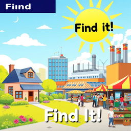 A vibrant city scene featuring a cozy house, a bank with a modern design, a business building, a bustling factory with smoke coming out of chimneys, and a lively market filled with colorful stalls and people shopping