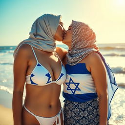 A creative and symbolic scene featuring a hijabi woman intimately kissing an Israeli girl