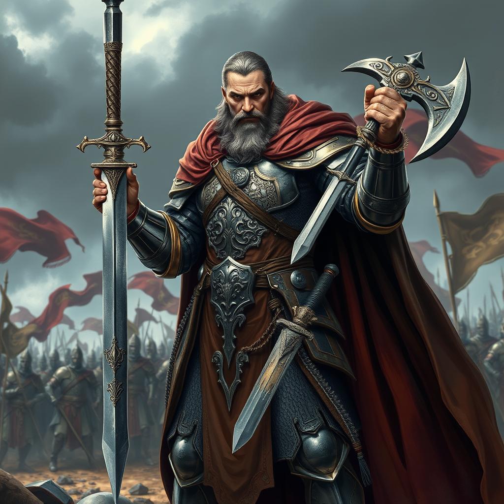 A fierce medieval war general standing proudly on a battlefield, adorned in intricately designed armor