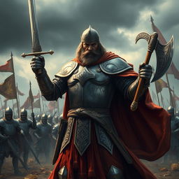 A fierce medieval war general standing proudly on a battlefield, adorned in intricately designed armor