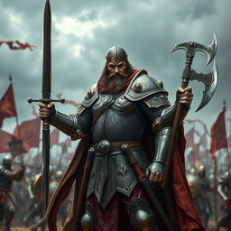 A fierce medieval war general standing proudly on a battlefield, adorned in intricately designed armor
