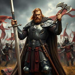 A fierce medieval war general standing proudly on a battlefield, adorned in intricately designed armor