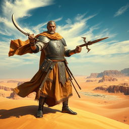 A formidable medieval desert war general standing confidently on a sandy dune, adorned in ornate, lightweight armor suited for the arid environment
