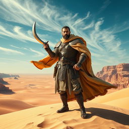 A formidable medieval desert war general standing confidently on a sandy dune, adorned in ornate, lightweight armor suited for the arid environment