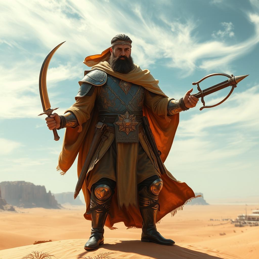 A formidable medieval desert war general standing confidently on a sandy dune, adorned in ornate, lightweight armor suited for the arid environment