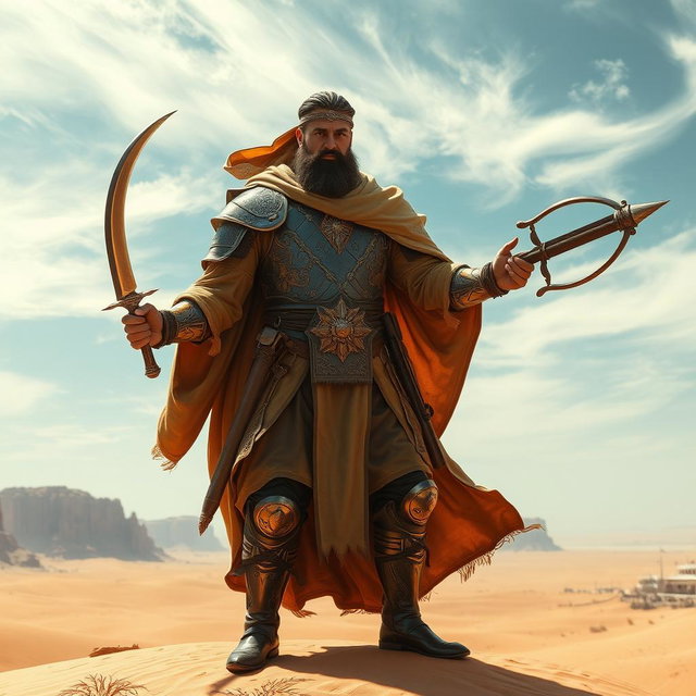 A formidable medieval desert war general standing confidently on a sandy dune, adorned in ornate, lightweight armor suited for the arid environment